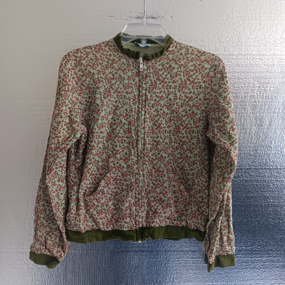 Ethnic Floral Cottage Bomber Jacket Womens SZ M Green Pink Light Zip